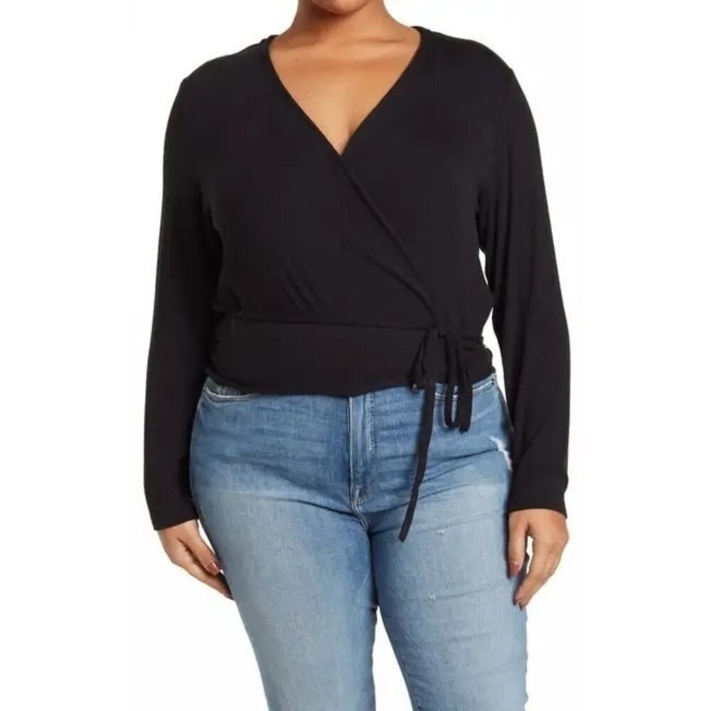 Sanctuary Wrap Top‎ Ribbed Ballet Black Tie Waist Long Sleeve 2X Plus Size